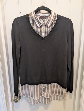 Adrianna Papell Twofer Top Blouse S Layered Look Black Knit Button Down Striped